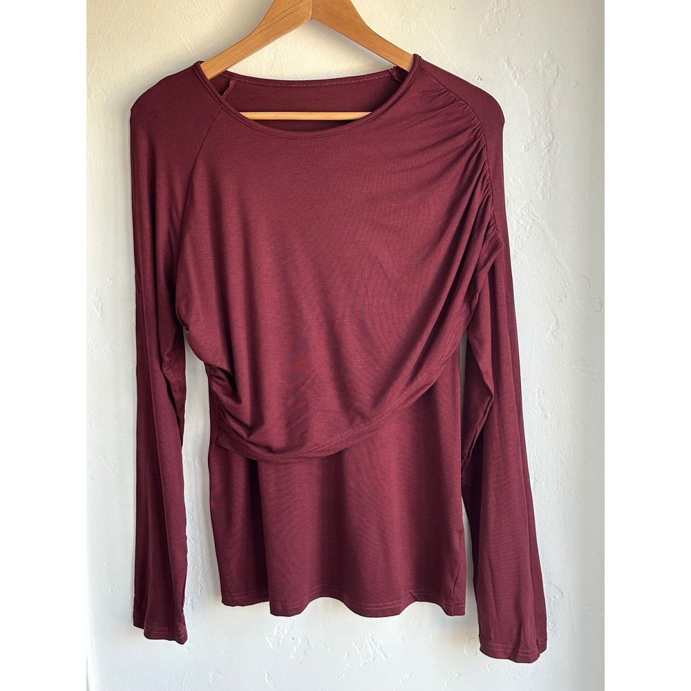 NEW Women's Burgundy Ruched Front Long Sleeve Top Size XL Chic Minimalist Basic